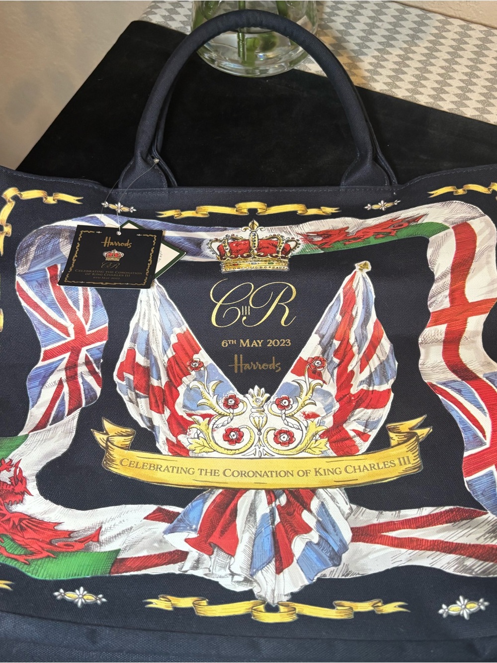 Harrods Navy Tote with Union Jack and Coronation Crest